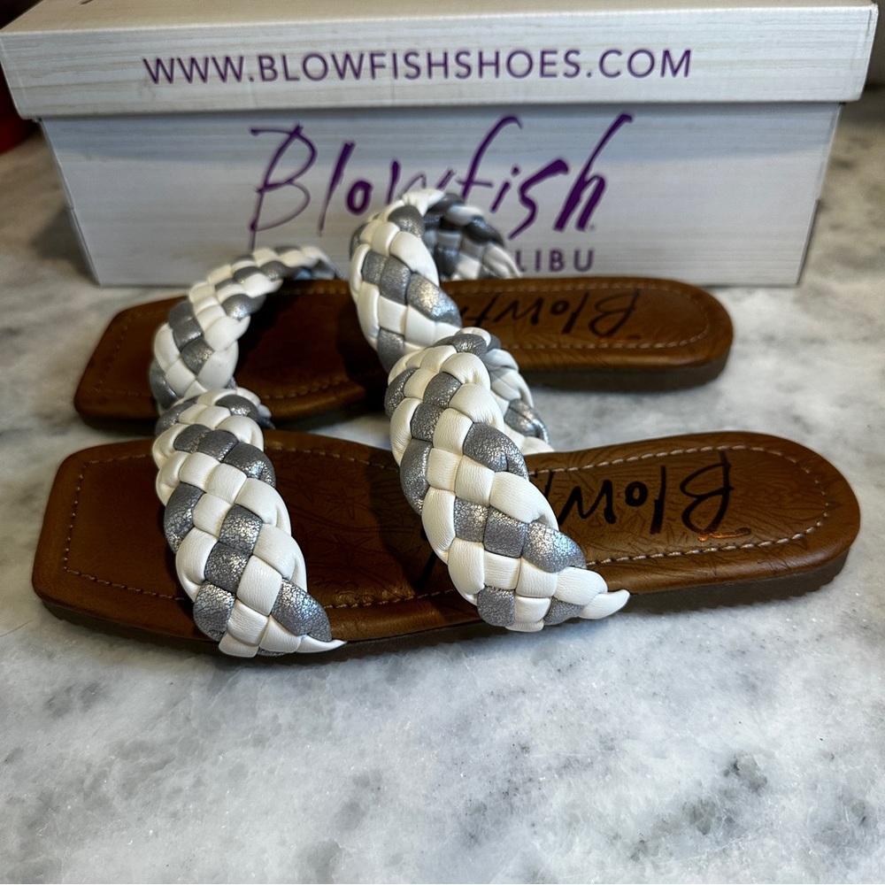 NEW!  Blowfish silver and white braided flat slide sandals